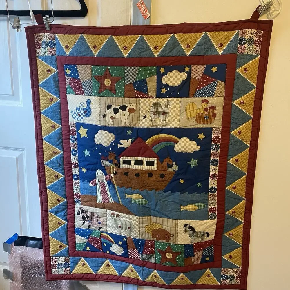 VTG Novelty Quilt Handmade Baby Blanket NurseryRoom Farm Nature Education Theme